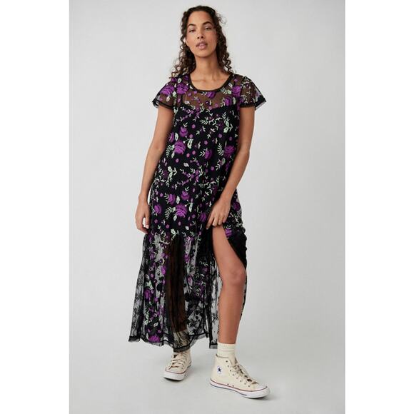New Free People Sky Bright Floral Midi Dress $228 MEDIUM Black/Purple Sheer Mesh - Picture 4 of 7